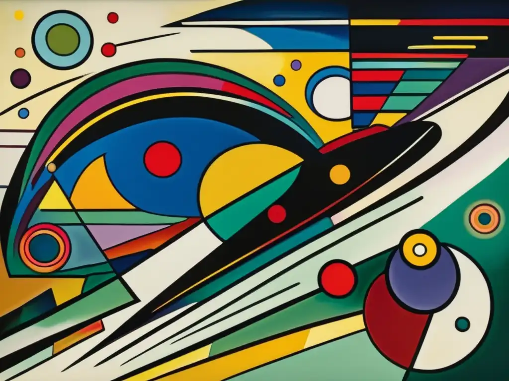 Una vista detallada de 'Composición VII' de Wassily Kandinsky, destacando sus vibrantes colores y formas abstractas