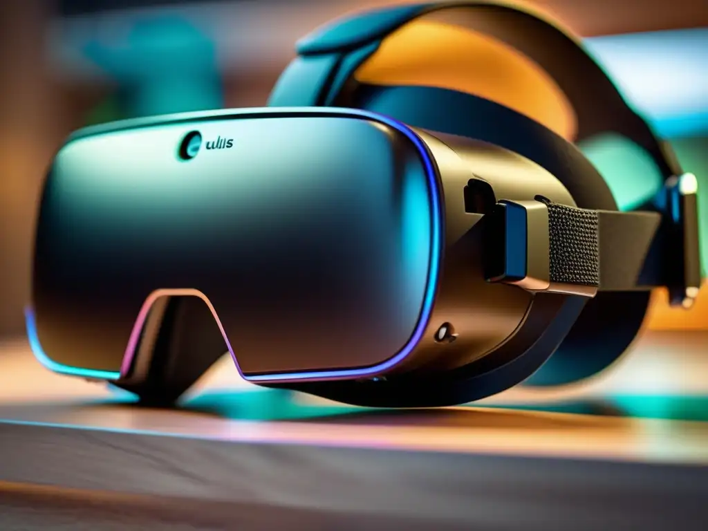 Una vista detallada del visor de realidad virtual Oculus Rift, con su diseño negro elegante y detalles de sensores