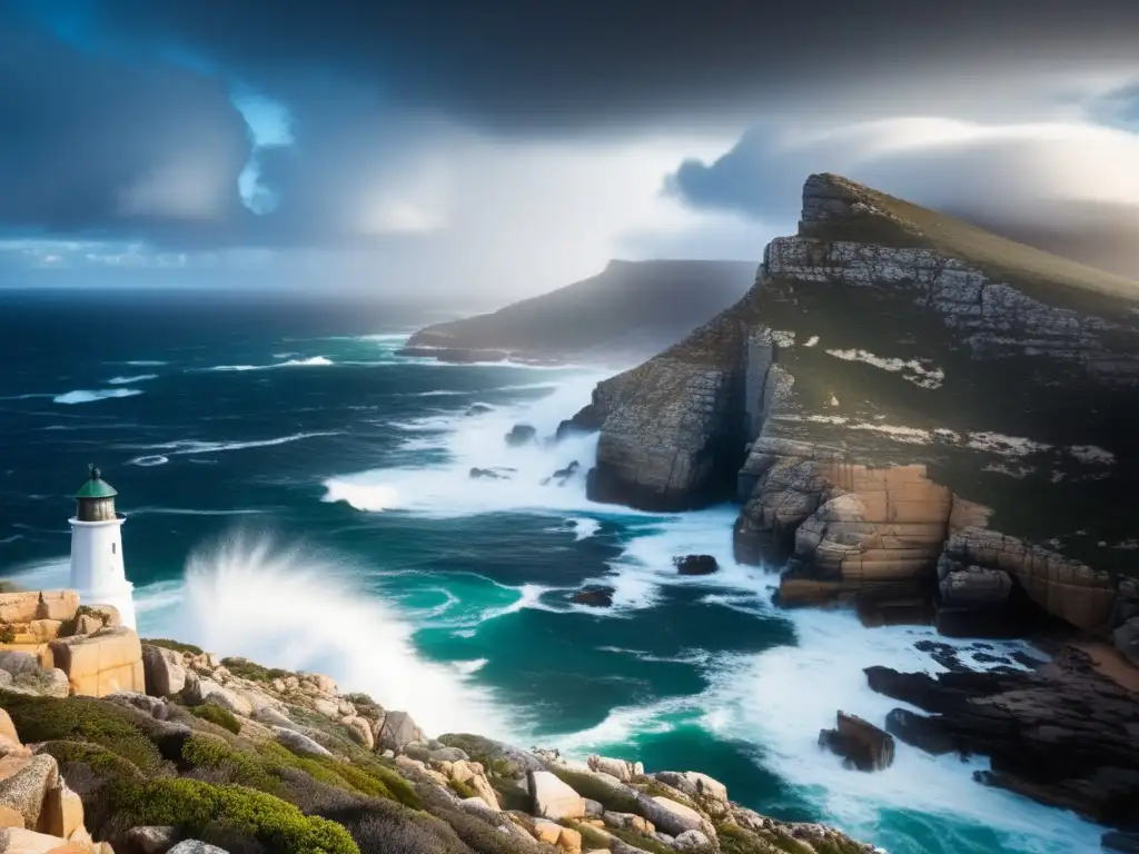 Una vista impresionante del Cabo de Buena Esperanza, con el icónico faro en los acantilados y el mar embravecido