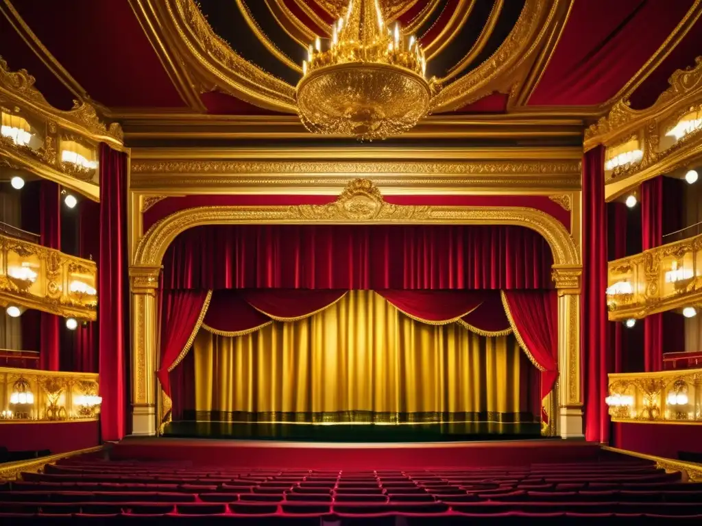 Una vista impresionante del interior ornamentado de una gran ópera, con detalles dorados, cortinas de terciopelo rojo y una atmósfera dramática