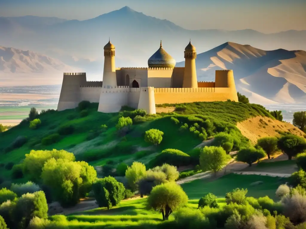 Vista impresionante del legado de Nader Shah en Irán, con la imponente fortaleza rodeada de exuberantes jardines y paisajes vibrantes