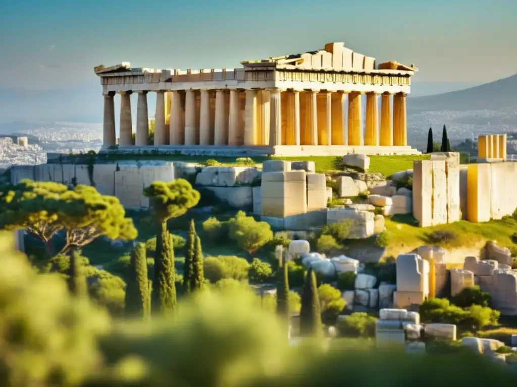 Majestuosa Acropolis de Atenas: Parthenon al atardecer Una vista impresionante del templo Partenón en la antigua Acrópolis de Atenas, bañado por la luz dorada del sol