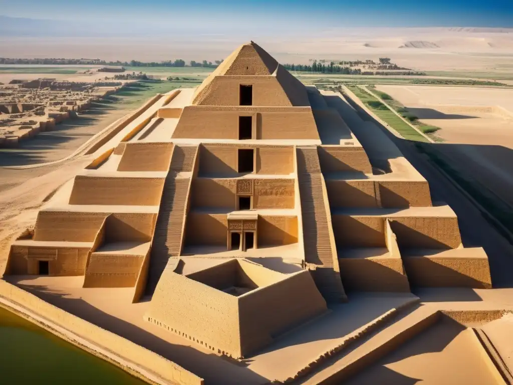 ''Vista impresionante del ziggurat de la antigua ciudad de Ur en Mesopotamia, con ruinas y cielo azul claro