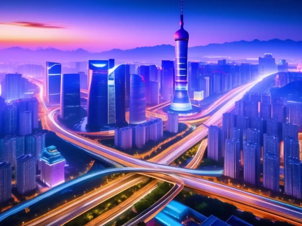 Vista nocturna de Beijing con rascacielos iluminados y autopistas brillantes, simbolizando la reestructuración económica China postcrisis