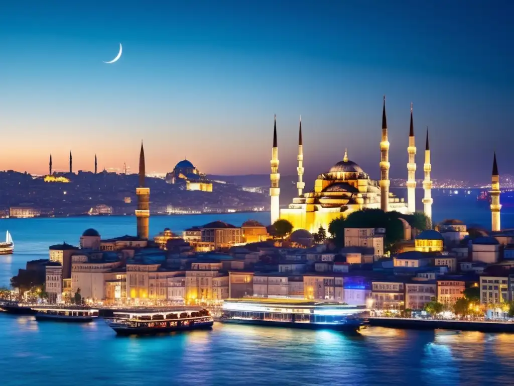 Vista nocturna de Estambul desde el Bósforo, con rascacielos modernos y monumentos históricos como Hagia Sophia y la Mezquita Azul