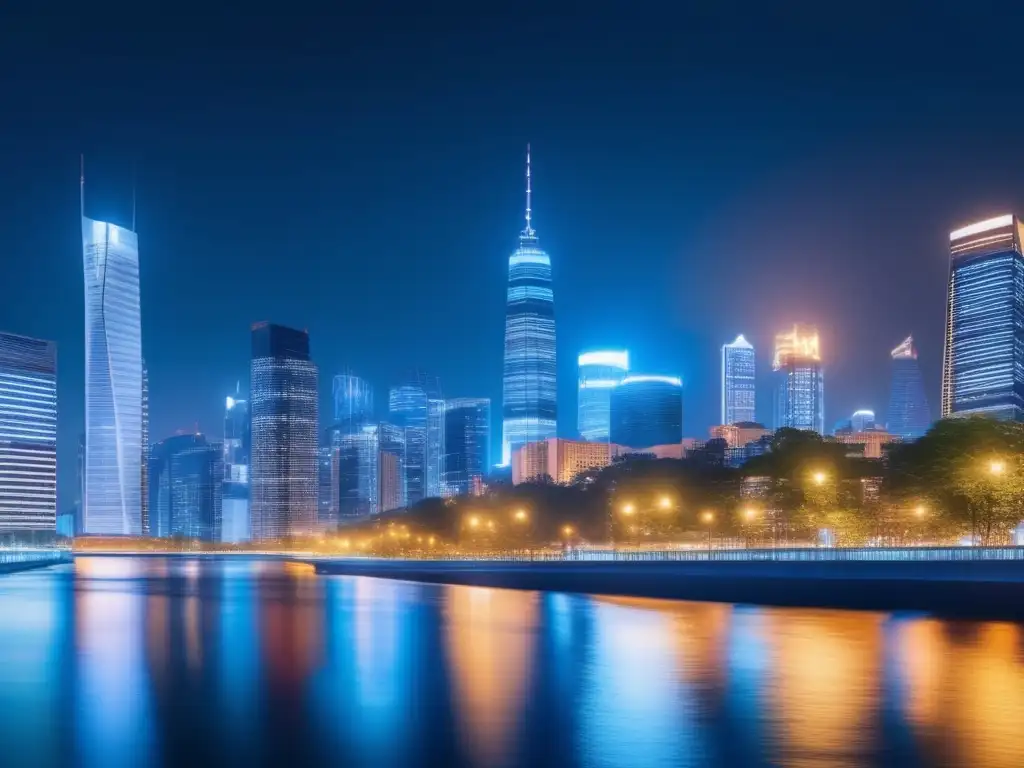 Vista nocturna de una ciudad moderna con rascacielos iluminados, reflejados en el río, simbolizando la dinámica de la política fiscal en macroeconomía moderna