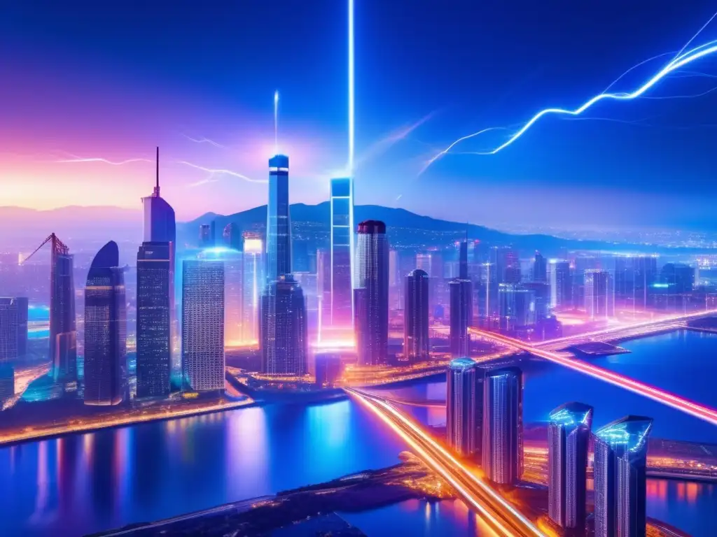 Una vista nocturna de la ciudad moderna con luces brillantes que recuerdan la visión futurista de Nikola Tesla