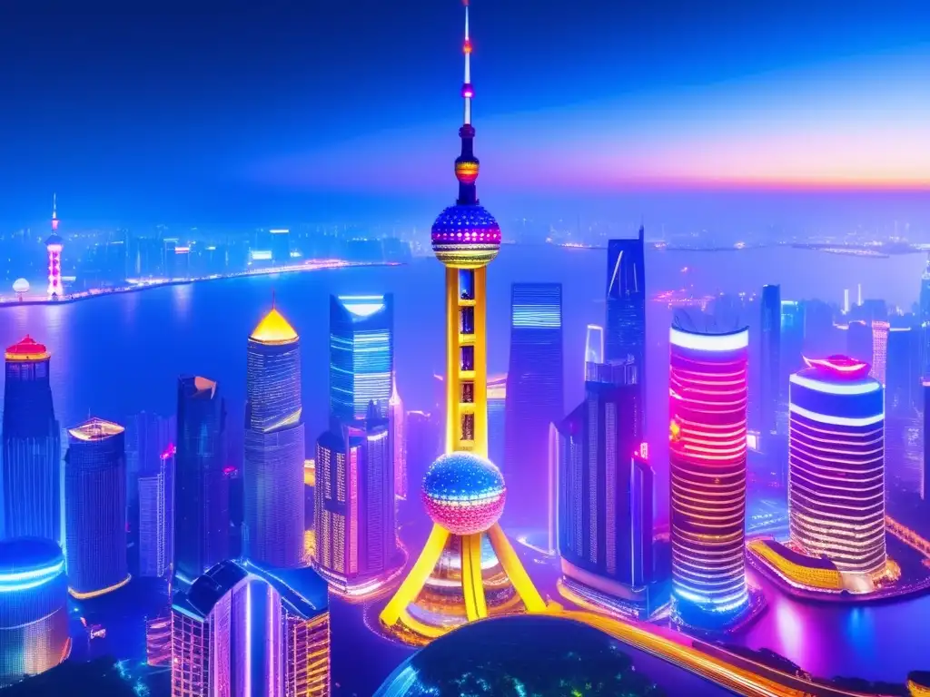 Vista nocturna futurista de Shanghai con la Torre Perla Oriental y otras luces de neon, reflejando el dinámico paisaje de ecommerce de Jack Ma