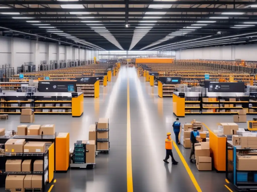 Una vista panorámica de un bullicioso centro de cumplimiento de Amazon, con estantes llenos de productos, robots moviéndose y trabajadores ocupados