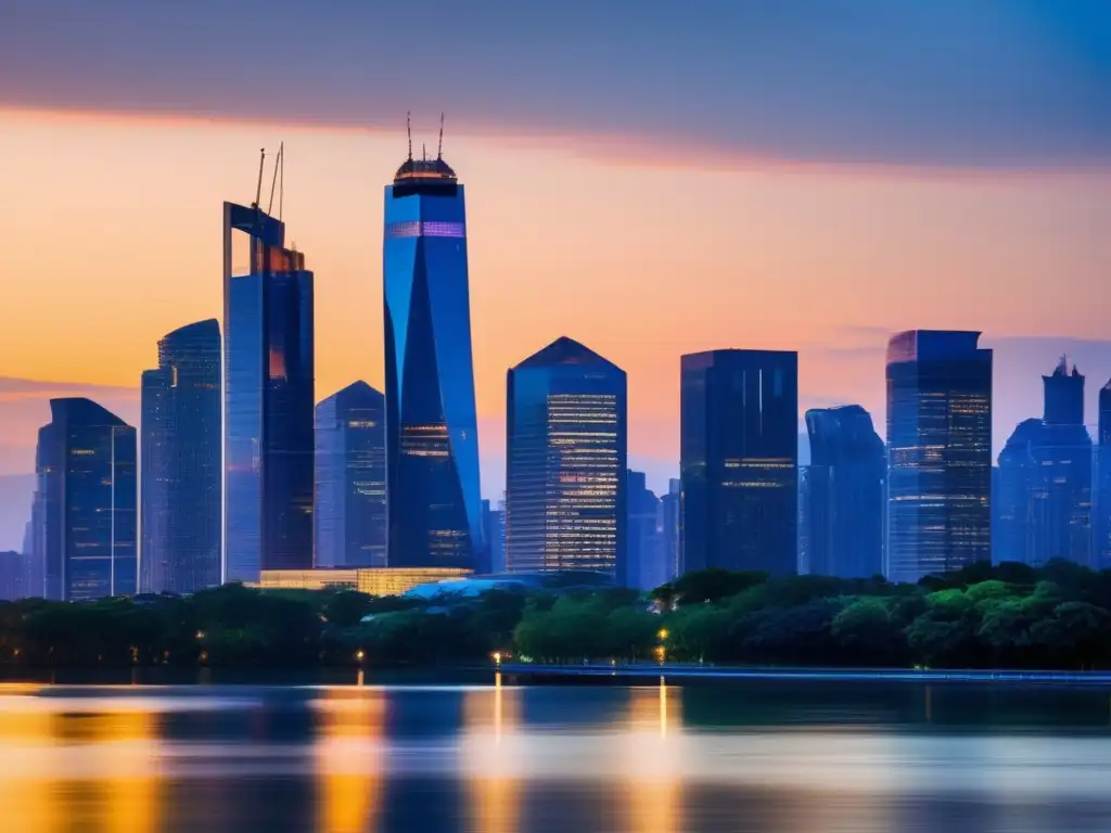 Vista panorámica de una ciudad moderna al atardecer, con rascacielos iluminados por el sol poniente