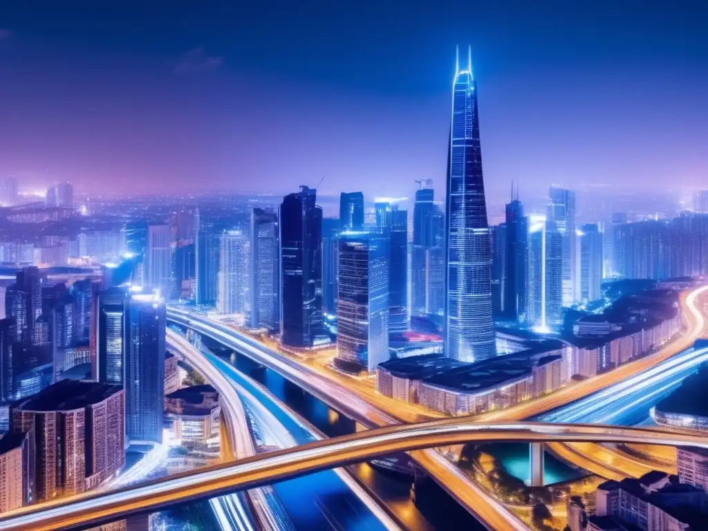 Vista panorámica de una ciudad moderna de noche, con rascacielos iluminados y luces dinámicas de autos
