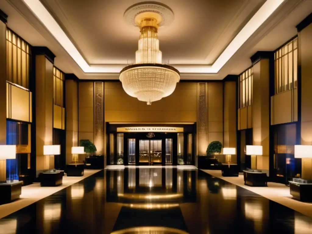 Vista panorámica nocturna del lujoso Waldorf Astoria de Nueva York, con su arquitectura art déco iluminada