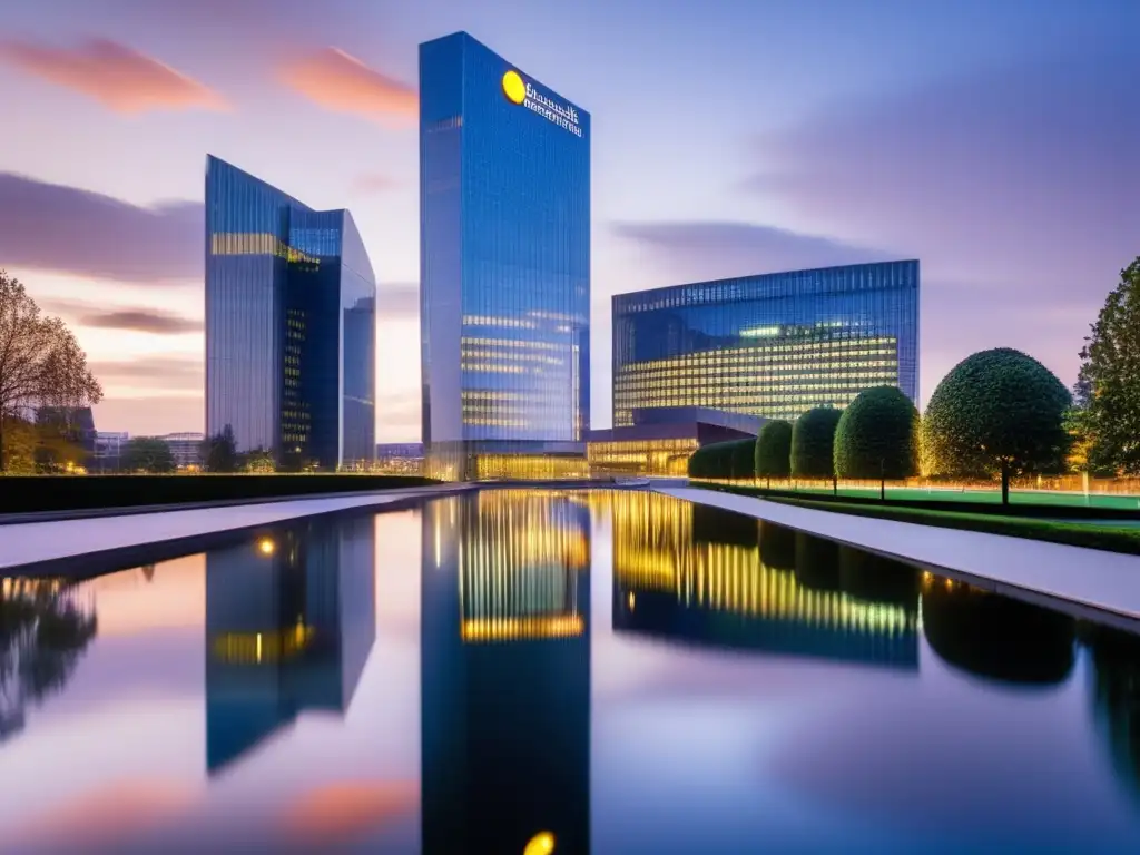 Una vista panorámica de la sede del Banco Central Europeo en Frankfurt, Alemania, con un diseño arquitectónico moderno y líneas elegantes