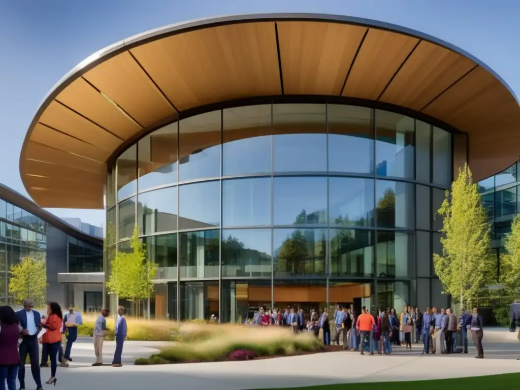 Una vista panorámica de la sede de Microsoft, con Satya Nadella liderando un equipo diverso