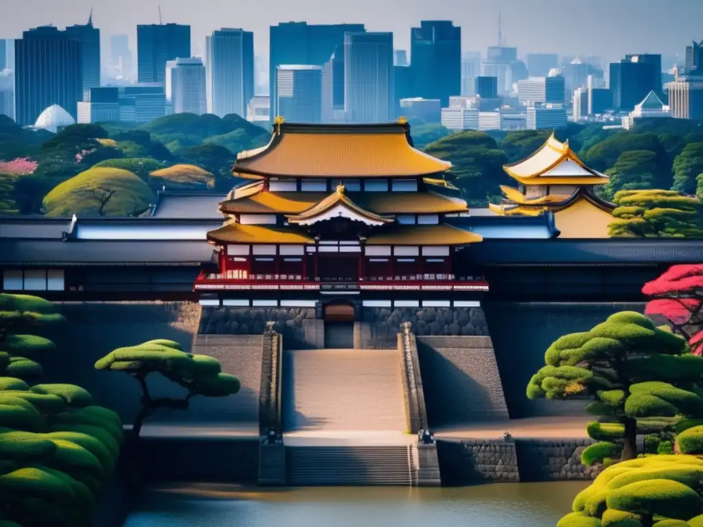 Un vistazo detallado al Palacio Imperial en Tokyo, Japón, resaltando su arquitectura y jardines