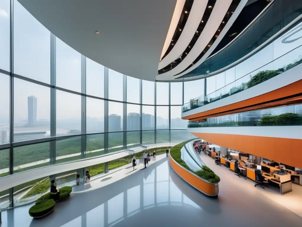 Un vistazo a la sede bulliciosa de Alibaba en Hangzhou, China, reflejando su arquitectura futurista y actividad frenética