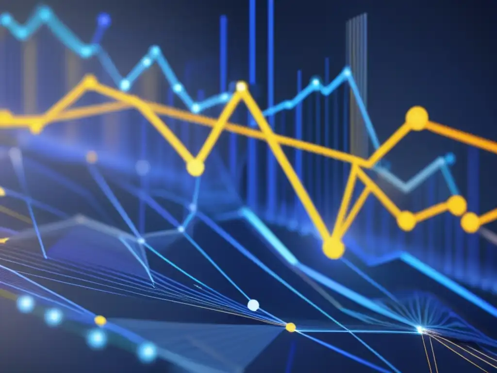 Una representación visual de la Teoría de la inestabilidad financiera Hyman Minsky, con intrincados gráficos financieros en tonos de azul, gris y toques de oro