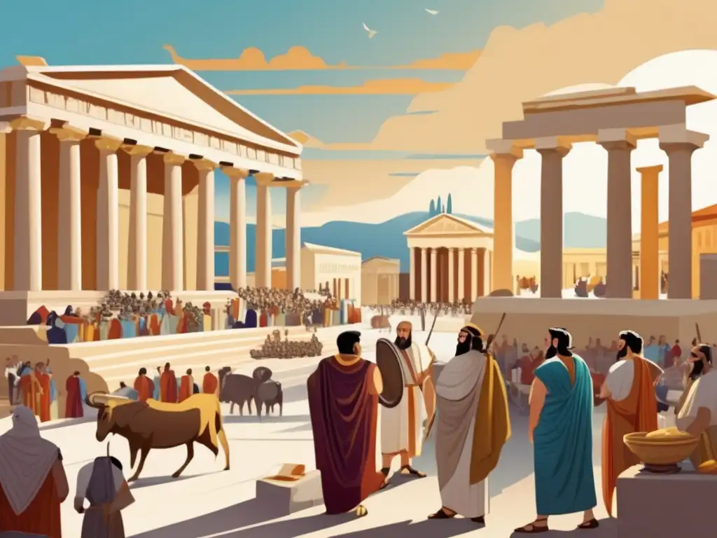 Un vivo retrato digital de Heródoto y eruditos griegos en una animada ágora