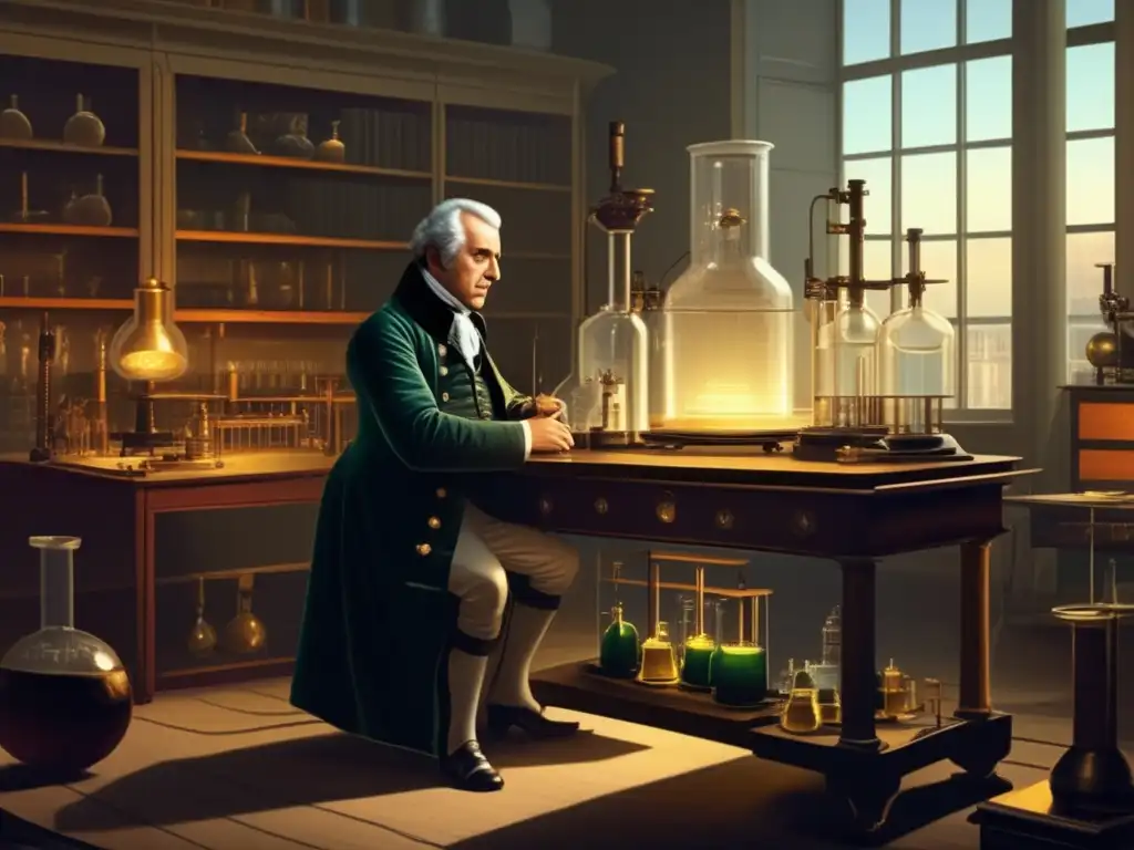 Alessandro Volta concentrado en su laboratorio, rodeado de equipo científico, realizando experimentos con la primera batería eléctrica