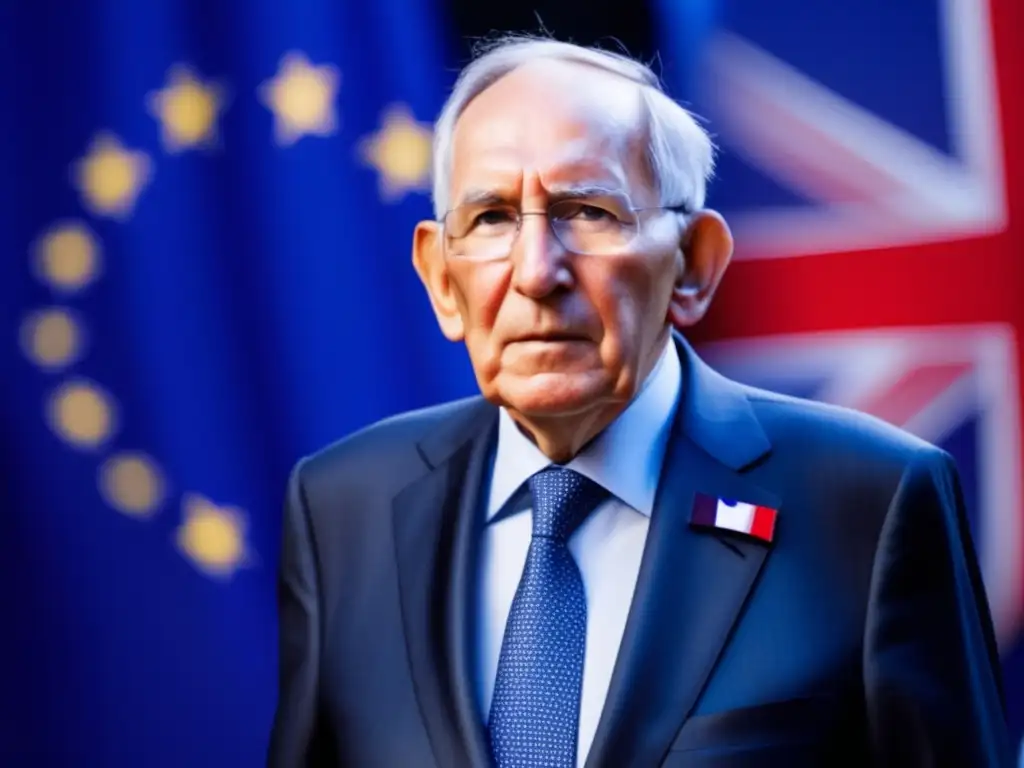 Wolfgang Schäuble, líder de la crisis de deuda europea, con determinación frente a la bandera de la Unión Europea y el Parlamento Europeo de fondo