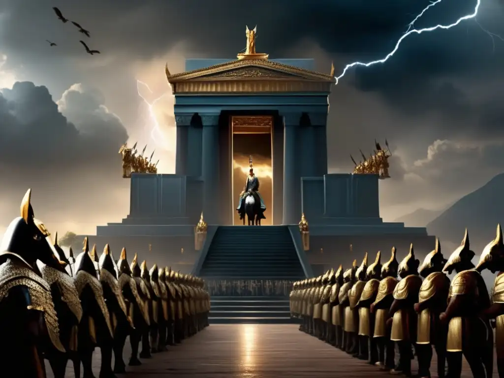 Xerxes I Persa en un paisaje digital impresionante, rodeado de soldados y elefantes de guerra bajo un cielo tormentoso iluminado por relámpagos