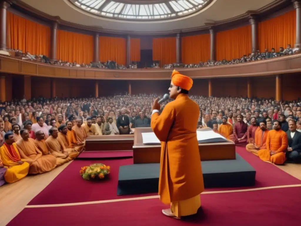 Swami Vivekananda introduce Vedanta y Yoga al Occidente, impactando la audiencia diversa en el Parlamento Mundial de las Religiones de 1893
