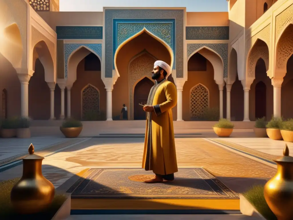 Ziryab, ícono cultural, elegancia oriente occidente, toca el oud en un patio islámico con admiradores, en una escena vibrante y sofisticada bañada por la cálida luz dorada