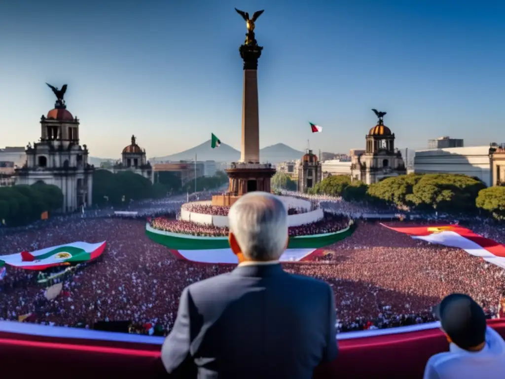 Andrés Manuel López Obrador en el Zócalo de la Ciudad de México, con el Ángel de la Independencia al fondo