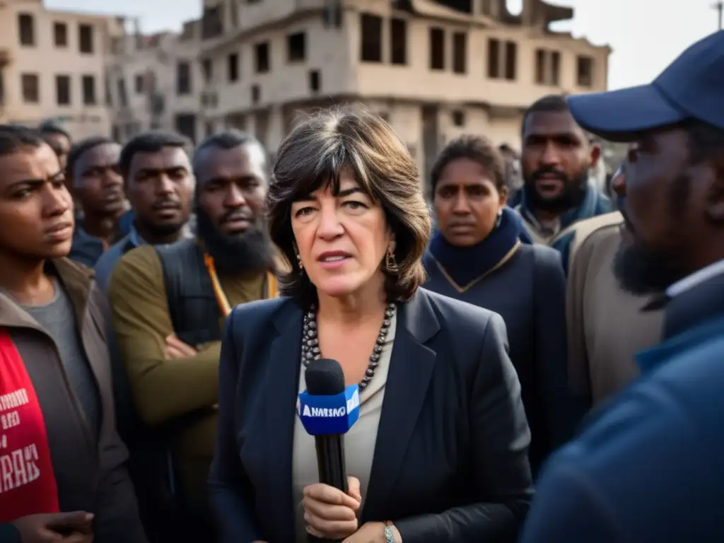 En una zona de conflicto, Christiane Amanpour reportea con valentía, rodeada de lugareños
