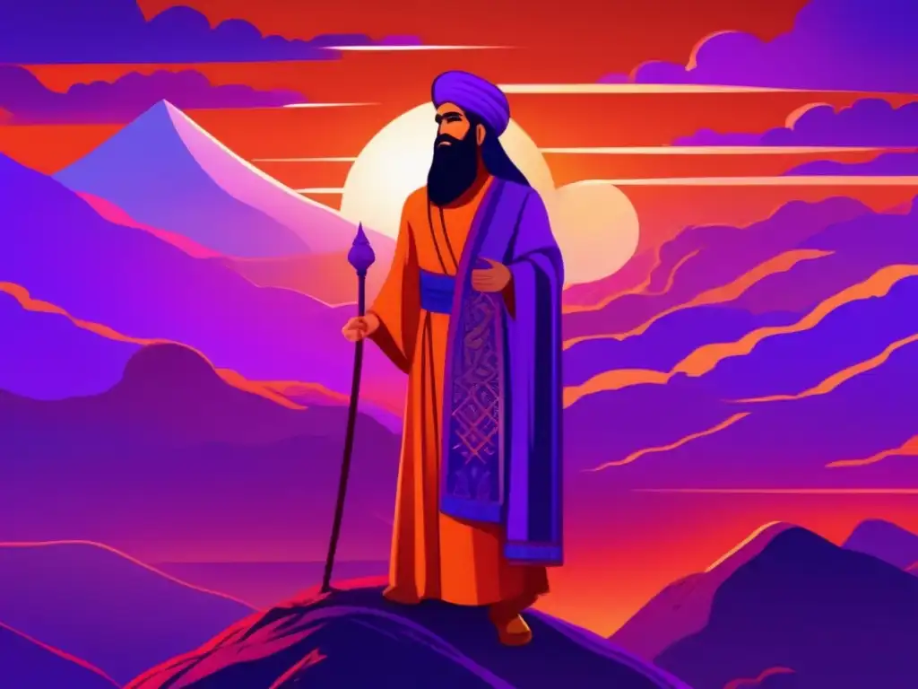 Zoroastro en un paisaje místico al atardecer en la antigua Persia