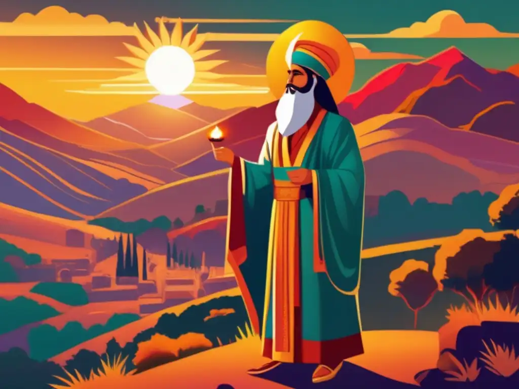 Zoroastro, profeta persa, observa un valle al atardecer